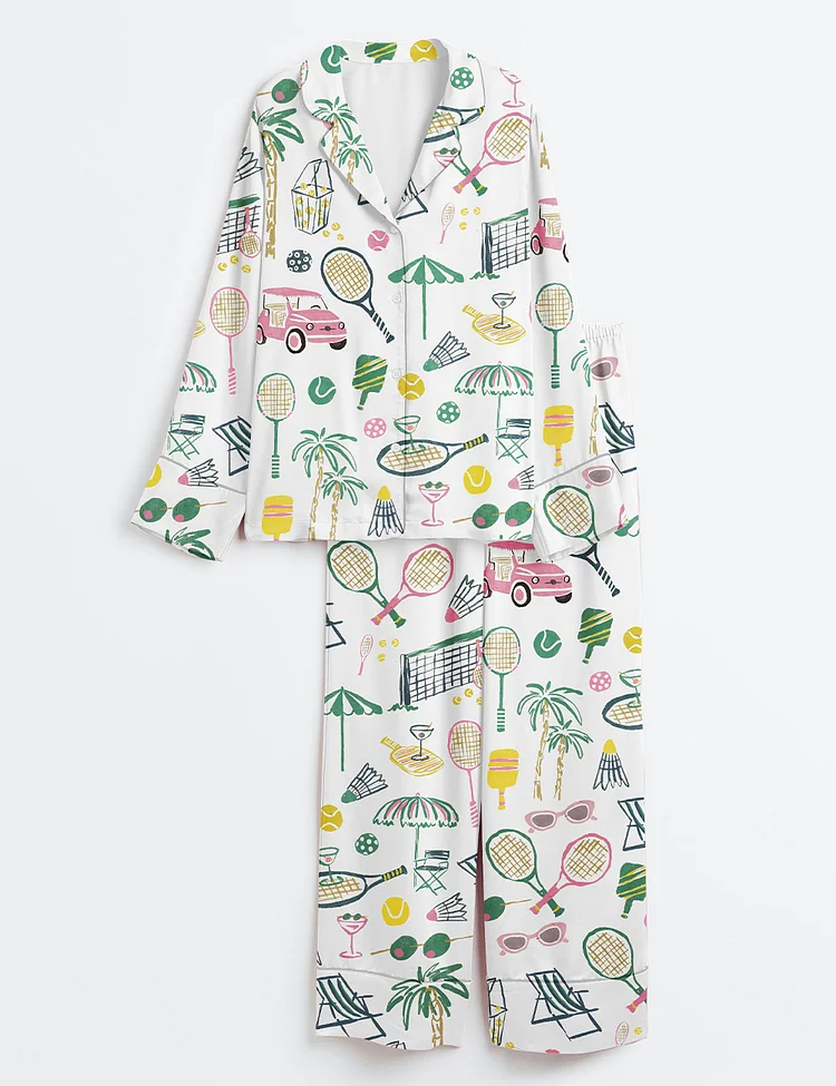 Women&rsquo;s Hand Drawn Watercolor Tennis Bachelorette Party Country Club Tennis Pickleball Aesthetic Print Long Sleeve Satin Pajama Set