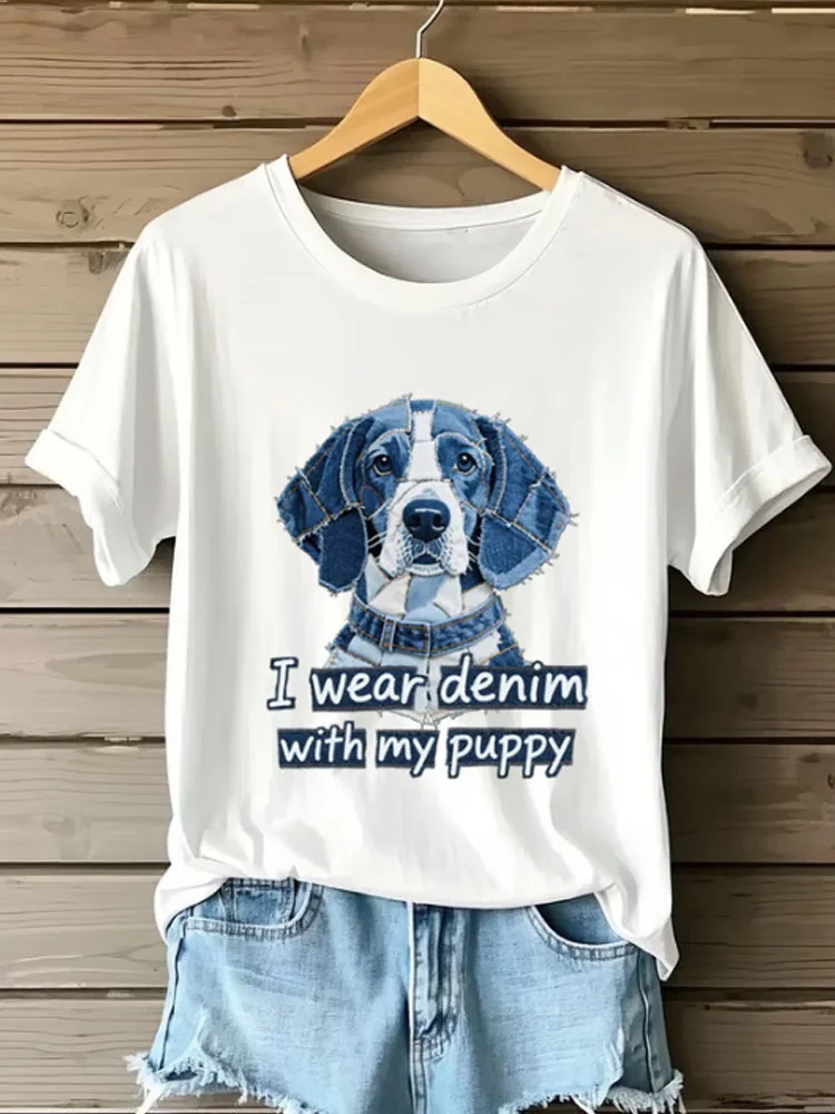 Utbros Women's Denim I Wear Denim With My Puppy Printed Short Sleeve T-shirt