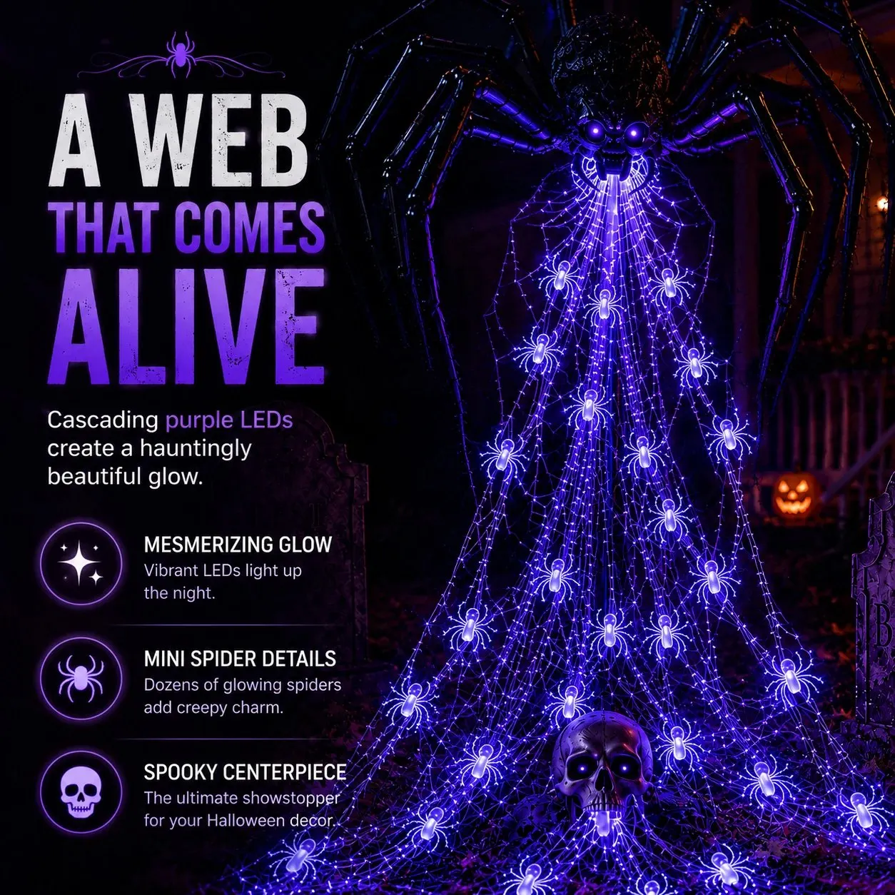 Close-up of purple LED spider web with glowing mini spiders and skull detail
