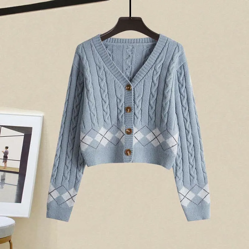 Rhombus Print Cardigan Sweater Slip Dress Two Pieces