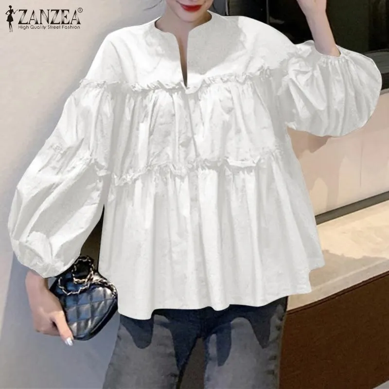 ZANZEA Stylish Long Puff Sleeve Korean Blouse 2022 Spring Women Solid Shirt Femininas Ruffles Party Work Blusas Mujer Tops
