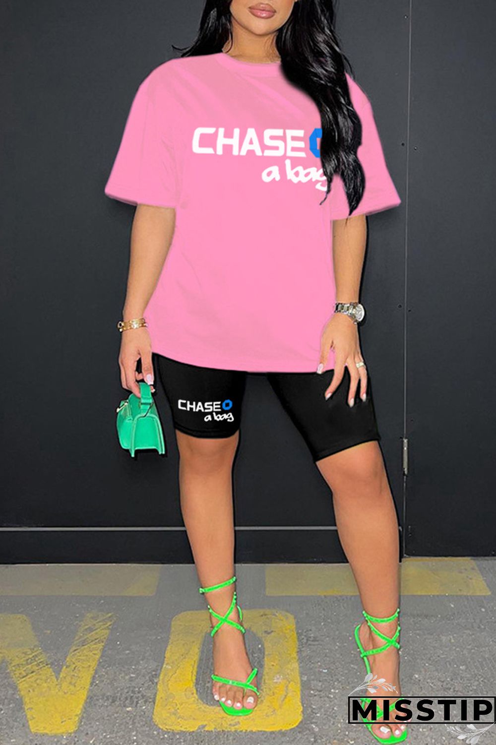 Ginger Casual Letter Print Basic O Neck Short Sleeve Two Pieces