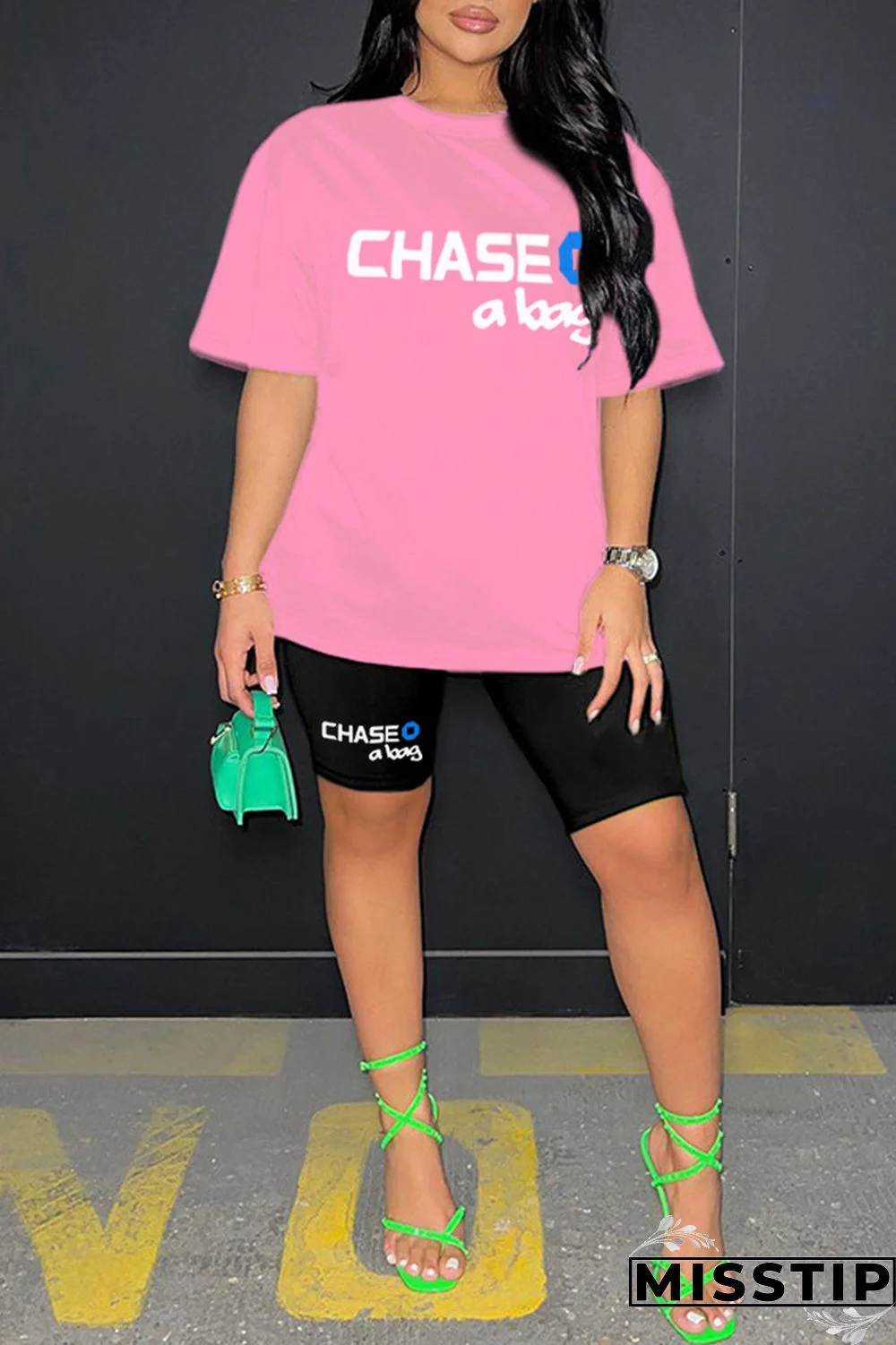 Ginger Casual Letter Print Basic O Neck Short Sleeve Two Pieces