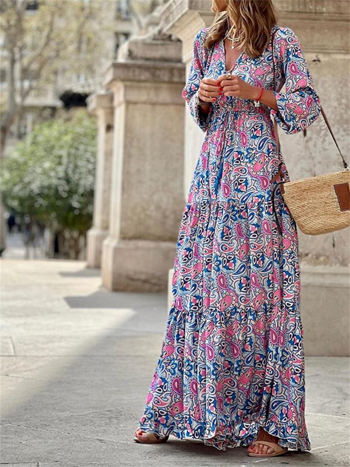 New Women's Print Short Sleeve Maxi Dresses