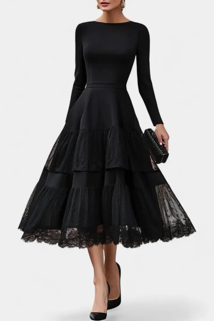 Structured Long Sleeve Midi Dress with Tiered Lace Skirt