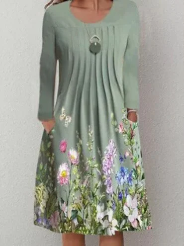 Spring/Summer Floral Print Round Neck Pullover Midi Dress Women's Long Sleeve Vintage Dress