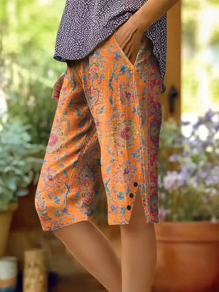 Women's Retro Ethnic Totem Print Cotton And Linen Casual Pants