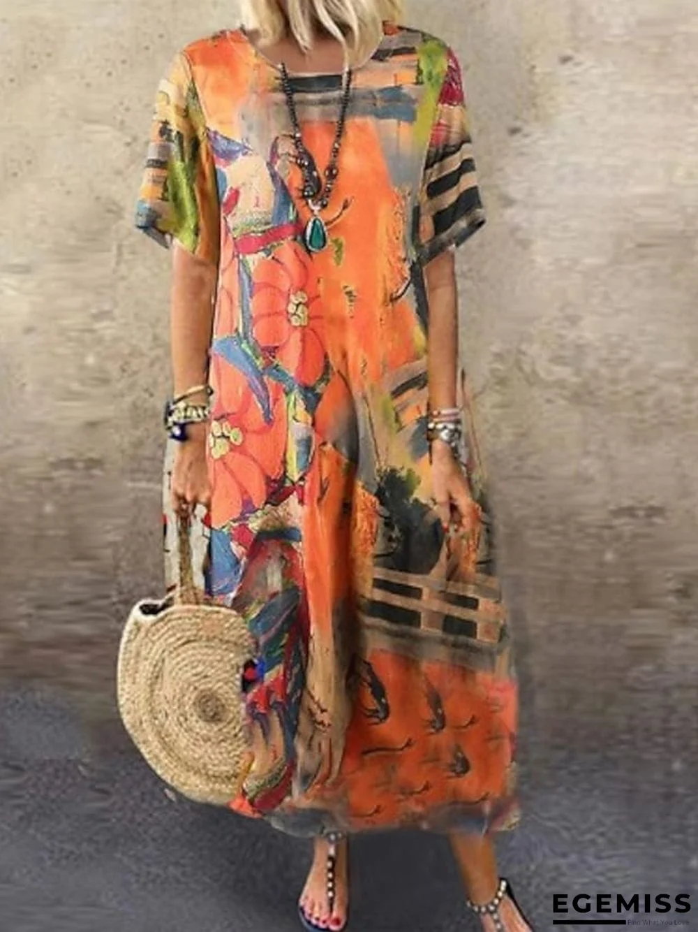 summer new style european and american cross-border amazon fashion loose round neck print short sleeve dress long skirt women | EGEMISS