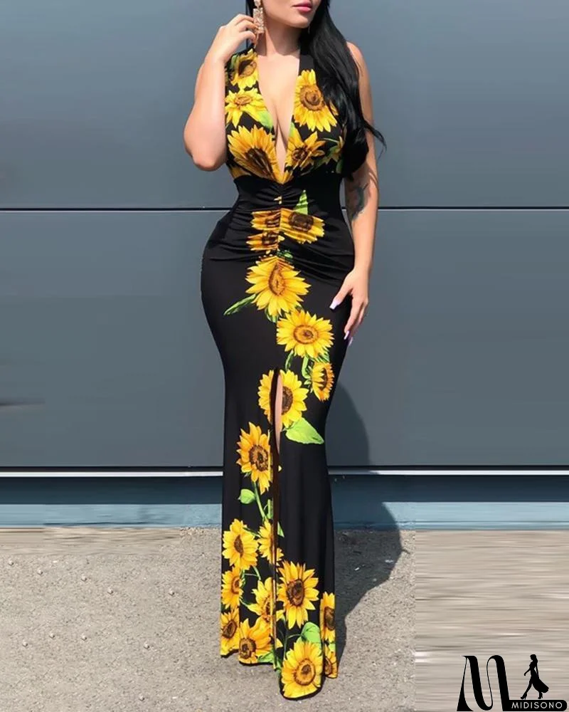 MidiSono - Elegant Women's V-Neck Printed Sleeveless Dress