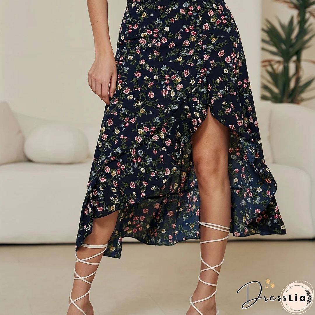 Floral Print High Waist Skirt, Cute Asymmetrical Skirt For Spring & Summer, Women's Clothing