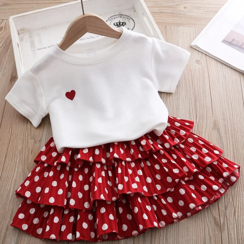 kids clothes girls Girls' suit 2022 summer new love short sleeve + polka dot cake dress two-piece fashion clothes girls clothes