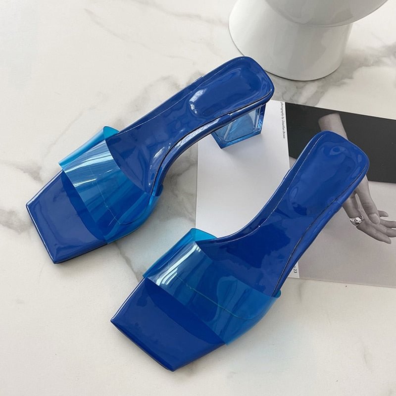 Summer Slippers Women Blue Green PVC Transparent Shoes Mules Slides Fashion Open Toe Clear Heels Beach Jelly Sandals Size 35-40