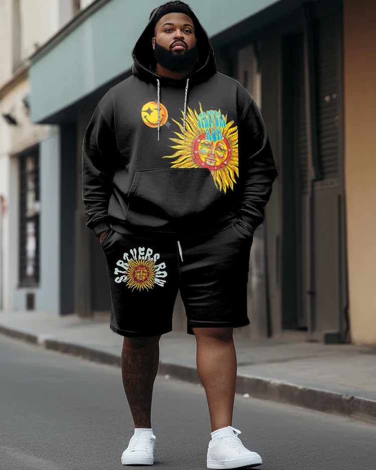 Men's Plus Size Hip Hop Sun Smiley Face Graffiti Hoodie Shorts Two Piece Set