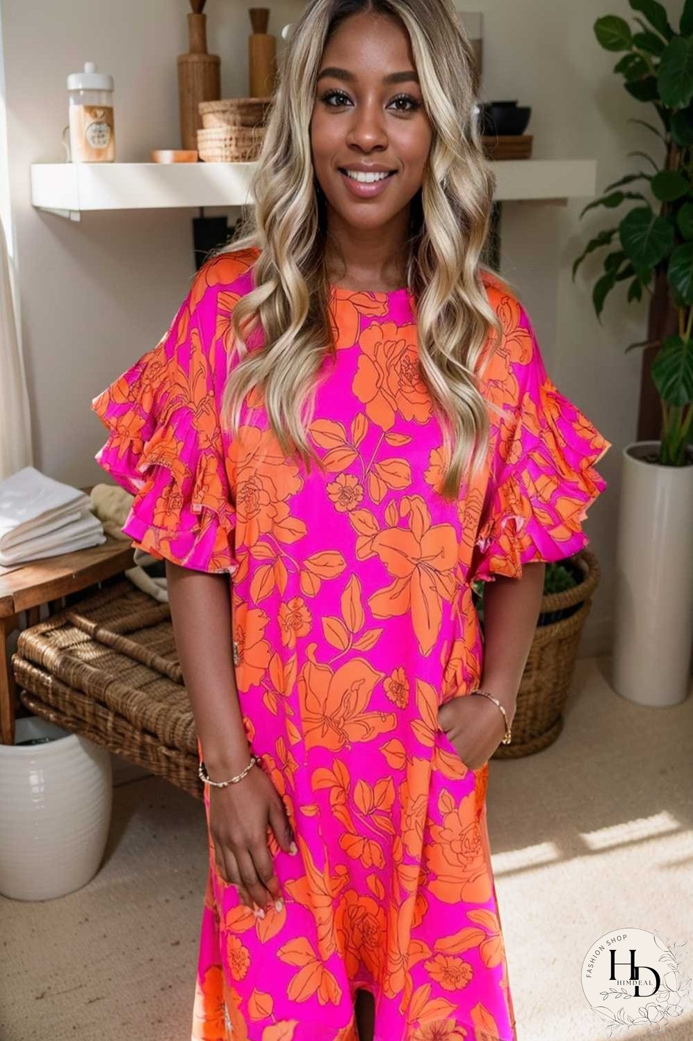 sloping shoulder ruffle print dress