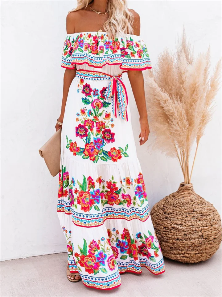 Women's Swing Dress Boho Dress Long Dress Maxi Dress Black Blue Yellow Short Sleeve Floral Cold Shoulder Spring Summer Off Shoulder Romantic Vacation Summer Dress Spring Dress 2022 S M L XL XXL XXXL