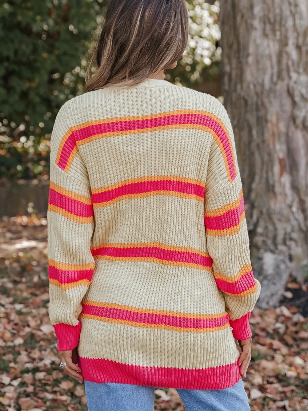 Ribbed Knit Long Cardigan with Striped Print
