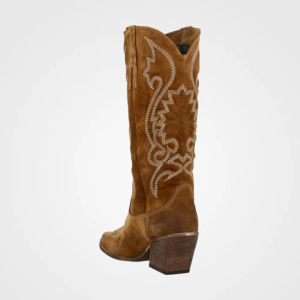 Brown Vegan Suede Closed Toe Embroidered Cowboy Boots for Women