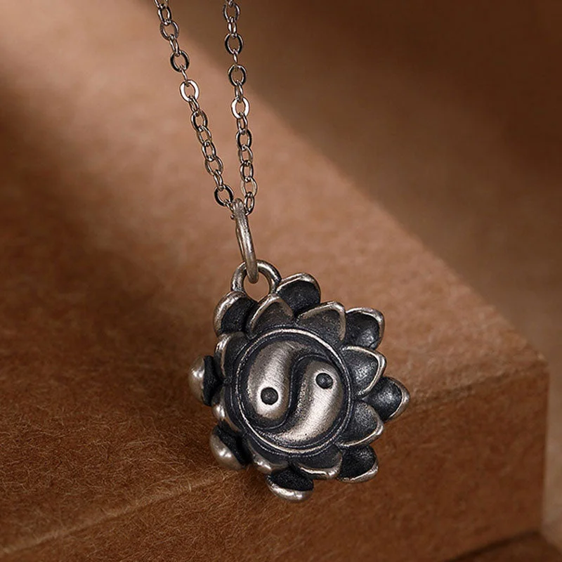 Lotus Yin Yang Pattern 925 Sterling Silver Enlightenment Necklace Pendant