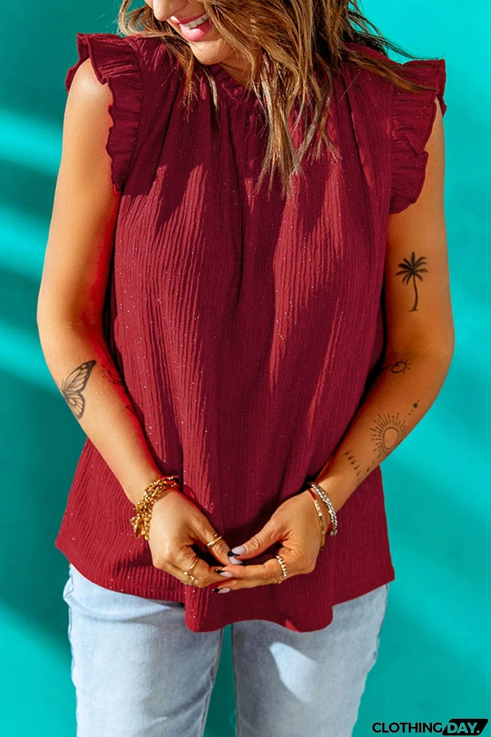 Textured Flutter Sleeve Frill Neck Blouse