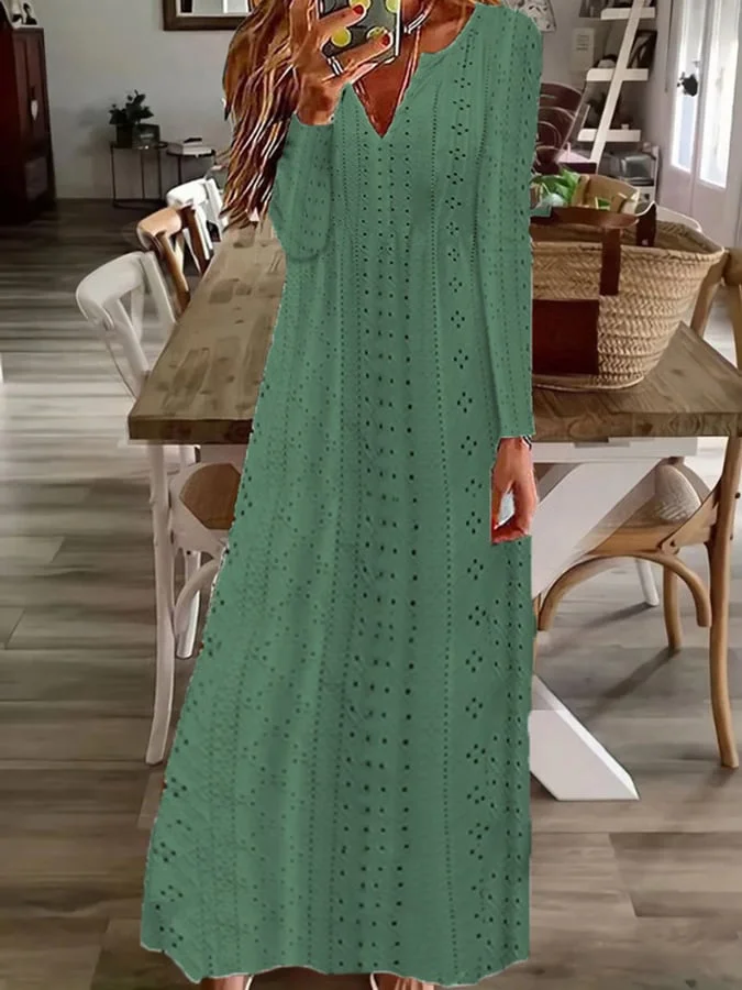 Women's Hollow Jacquard V-Neck Long Sleeve Loose Solid Color Dresses