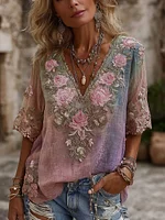 Women's Retro Floral Embroidered Art Gradient V-neck T-shirt