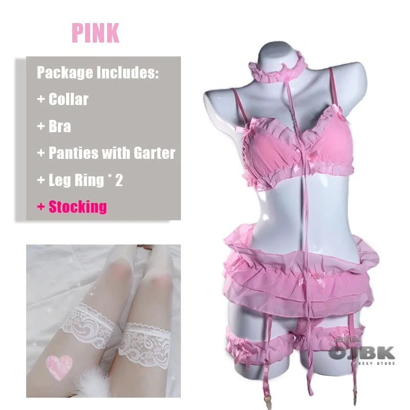 Sexy Pink Lingerie Set Cute Ruffles Costumes Lolita Women Erotic Lace Ladies Kawaii Soft Girl Pajamas Cosplay Outfit Underwear