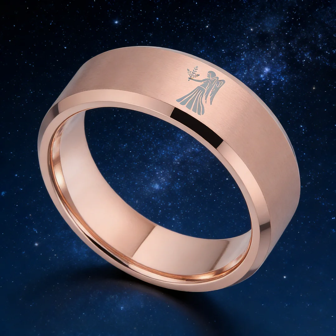 Beveled Edges Rose Gold Laser Etched Tungsten Carbide Rings Rose Gold Virgo Couple Wedding Band 4MM 6MM 8MM Width