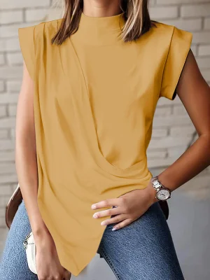 Image of Loose Sleeveless Asymmetric Pleated Solid Color Split-Joint Mock Neck T-Shirts Tops