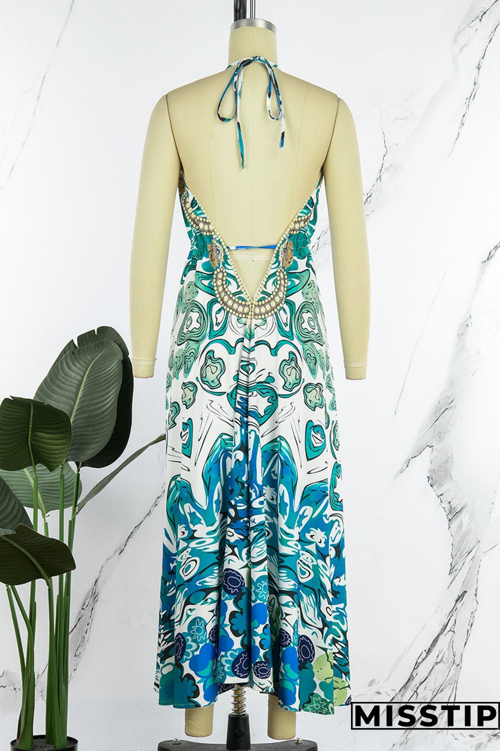 Colour Sexy Vacation Print Patchwork Backless Halter A Line Dresses