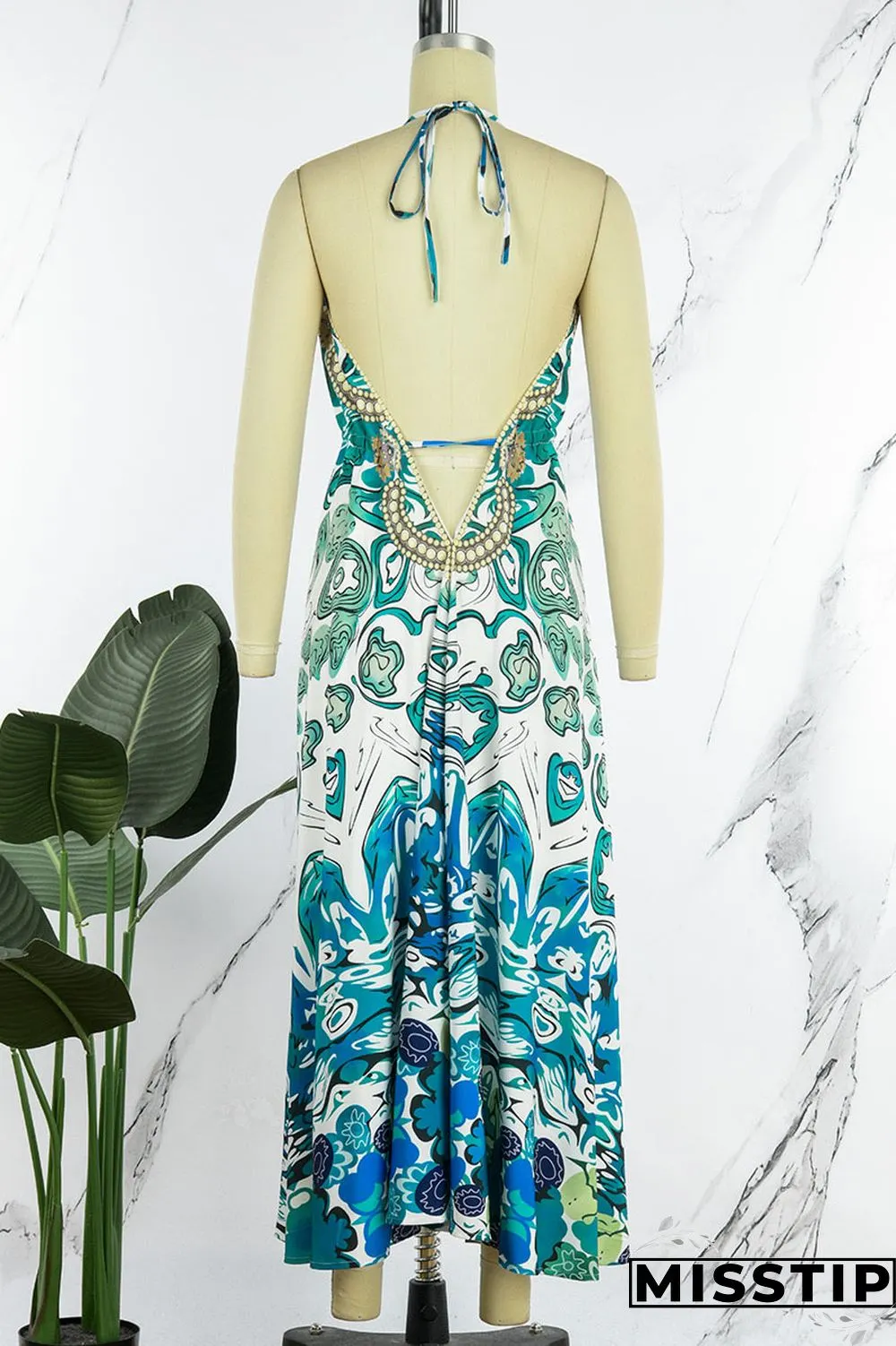 Colour Sexy Vacation Print Patchwork Backless Halter A Line Dresses