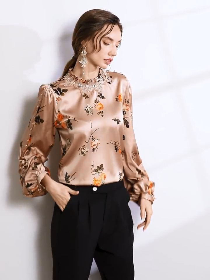 Diamond Ornament Floral Silk Blouse-Real Silk Life