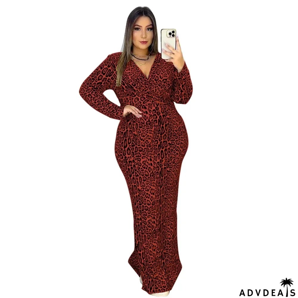 Leopard Slim Waist V Neck Long Sleeve Chic Autumn Fit Long Bodycon Dress