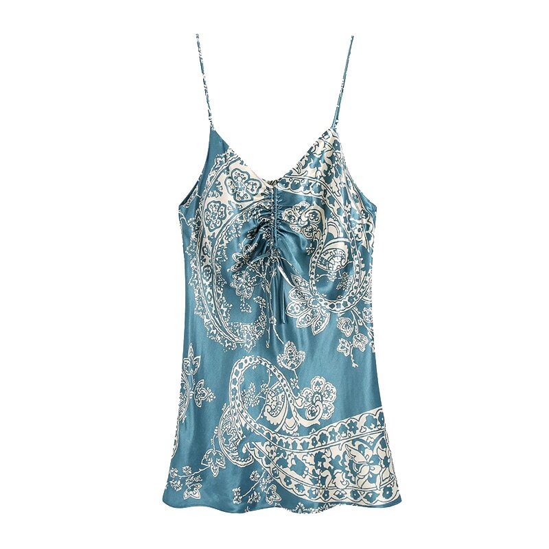 TRAF Women Chic Fashion Lace-up Detail Printed Mini Dress Vintage Backless Thin Straps Female Dresses Vestidos Mujer