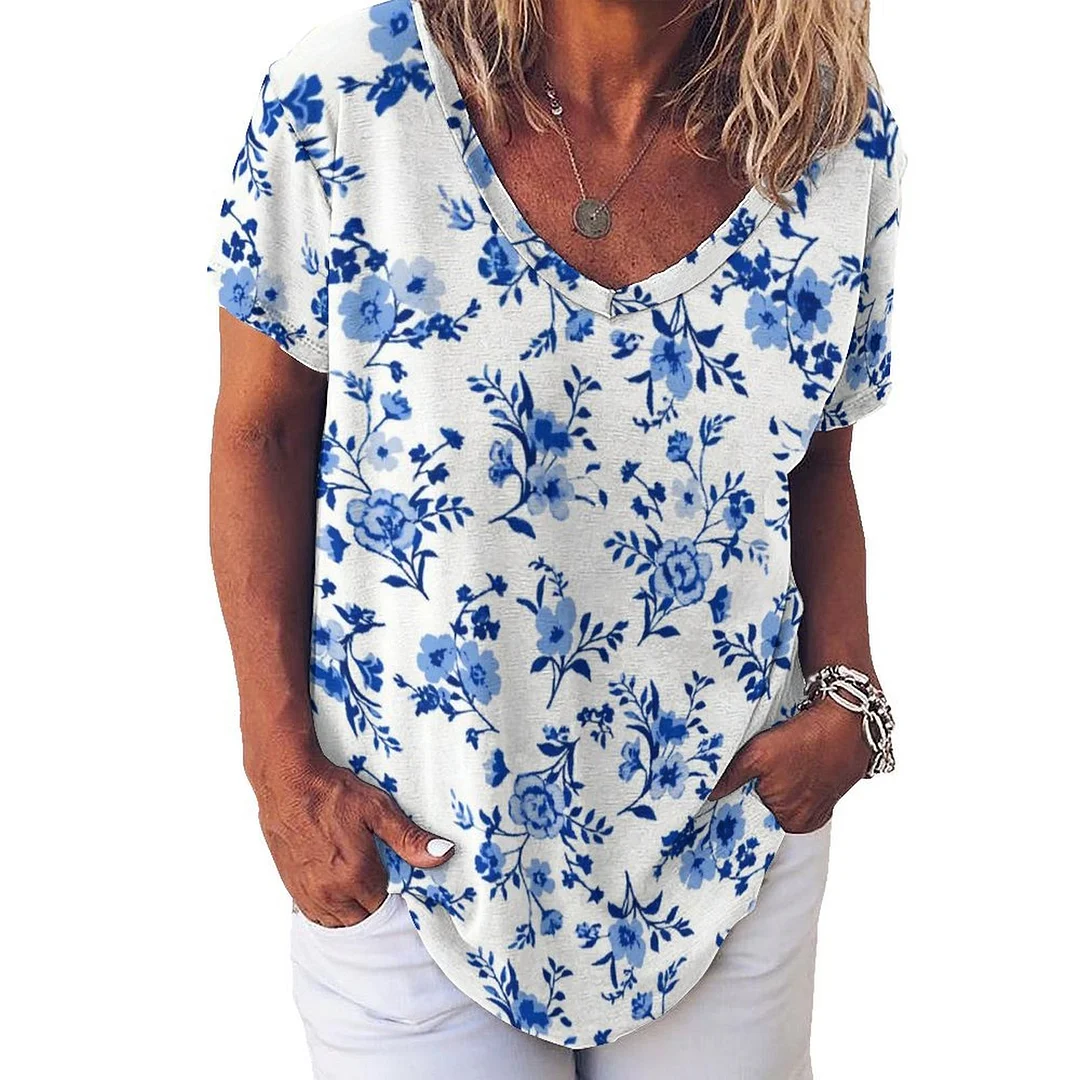 V-neck Short Sleeve Casual T-shirt for  Women Printed with Pattern Floral, Blue