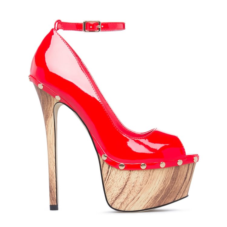 Coral Red Ankle Strap Heels Patent Leather Platform Stiletto Pumps |FSJ Shoes