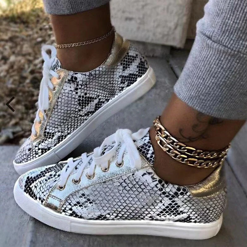 Fashion New Platform Woman Shoes Women Snake Printing PU Leather Vulcanized Shoes Lace up Female Sneakers Walking Footwear
