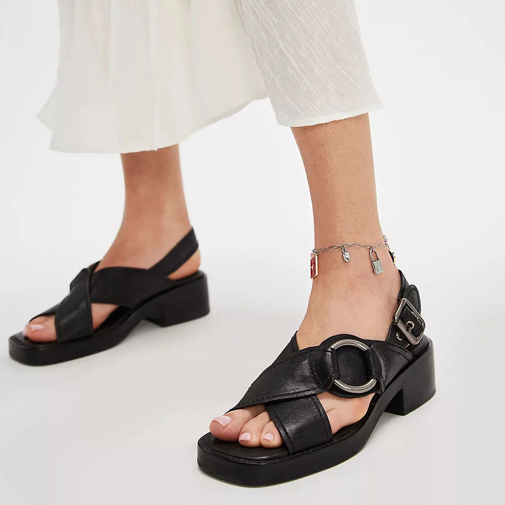 Black Open Square Toe Buckle Strap Platform Chunky Heeled Sandals