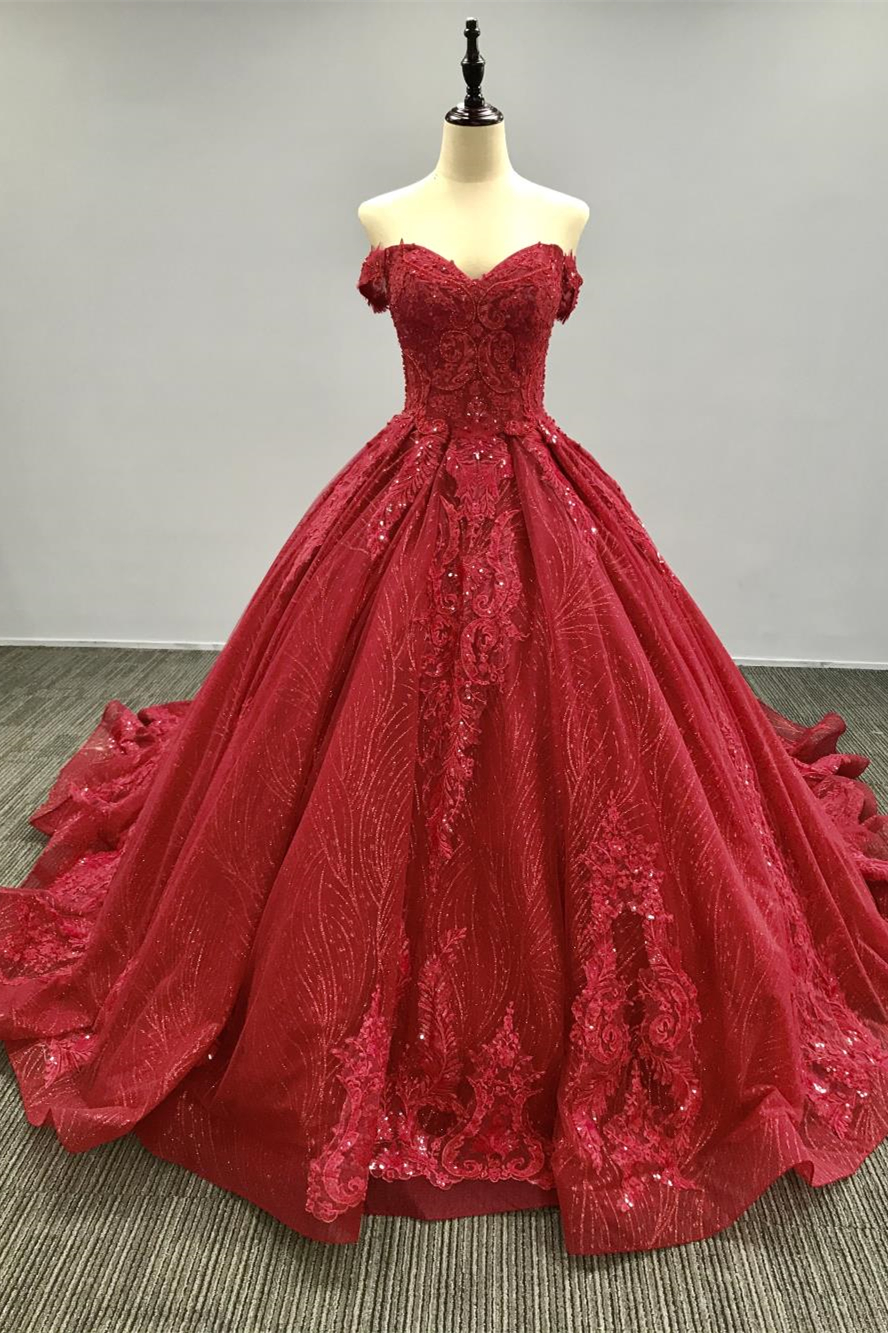 Oknass Red A Line Sweetheart Wedding Dress Tulle Sweep With Appliques Sequins
