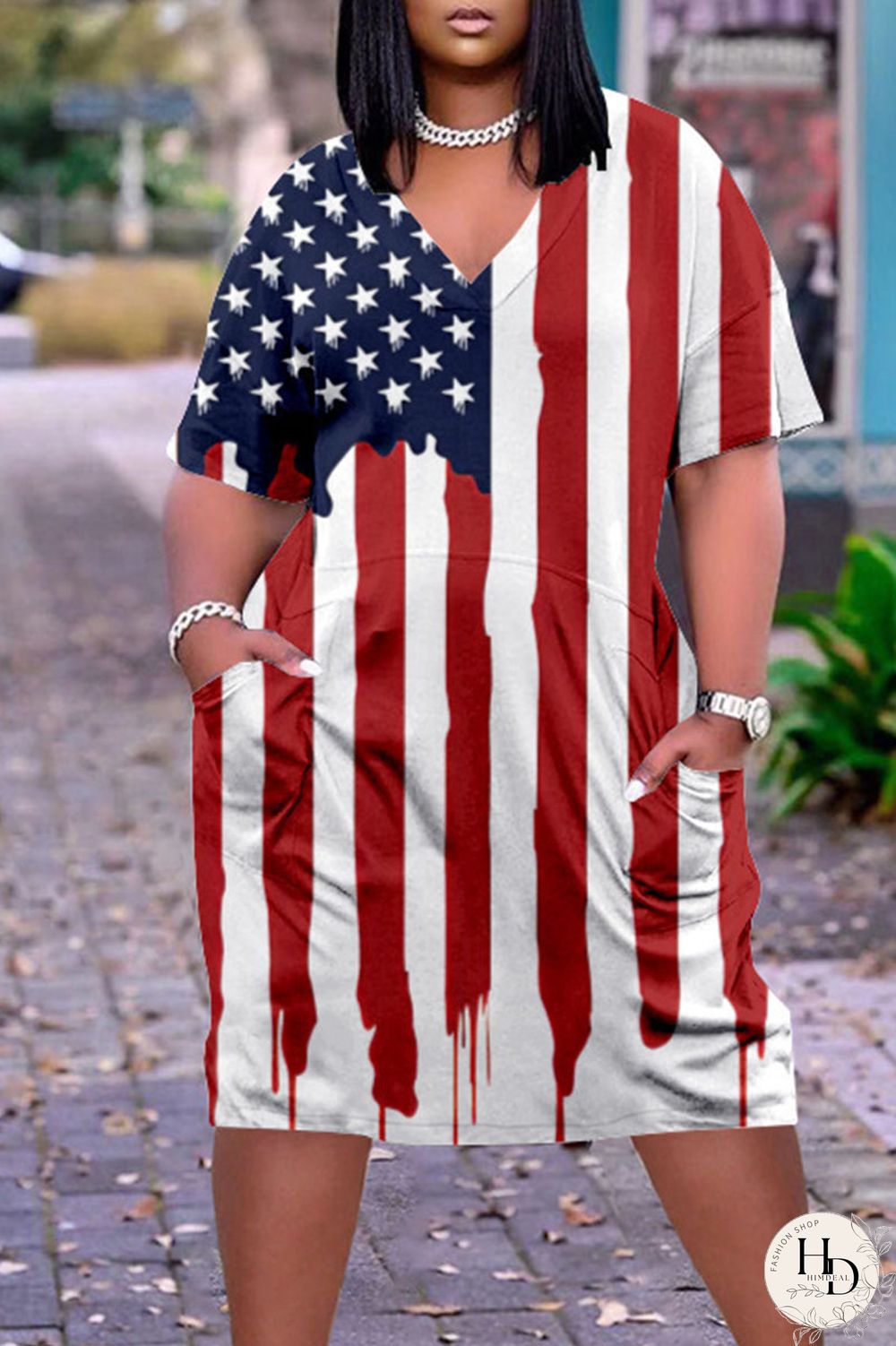 White Blue Red Casual Print Patchwork V Neck Dresses