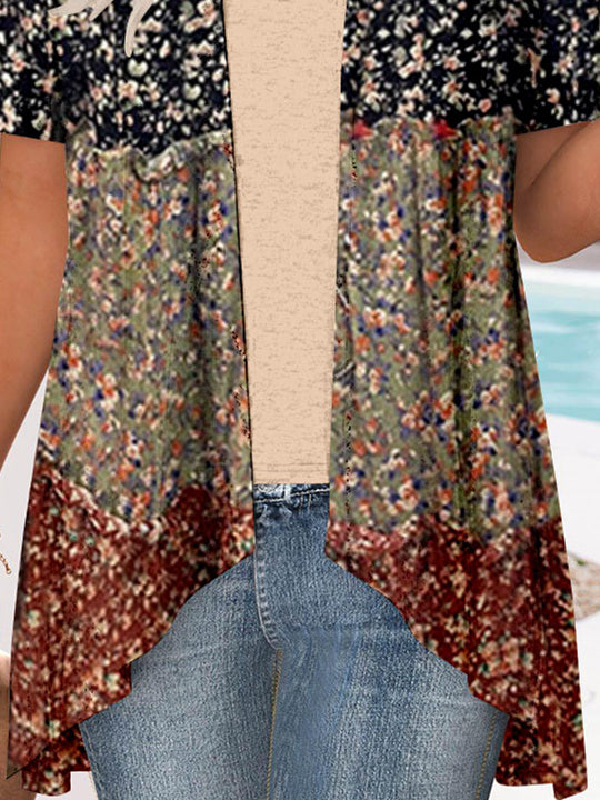 Women Short Sleeve V-neck Floral Printed Graphic Two-Pieced Cardigan Tops