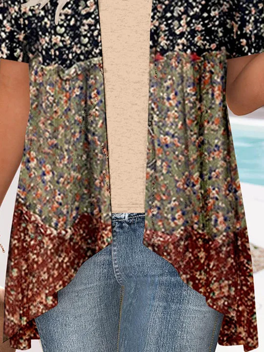 Women Short Sleeve V-neck Floral Printed Graphic Two-Pieced Cardigan Tops
