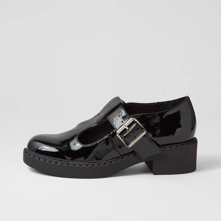 Classic Black Patent Leather T-Strap Mary Jane Shoes with Platform |FSJ Shoes