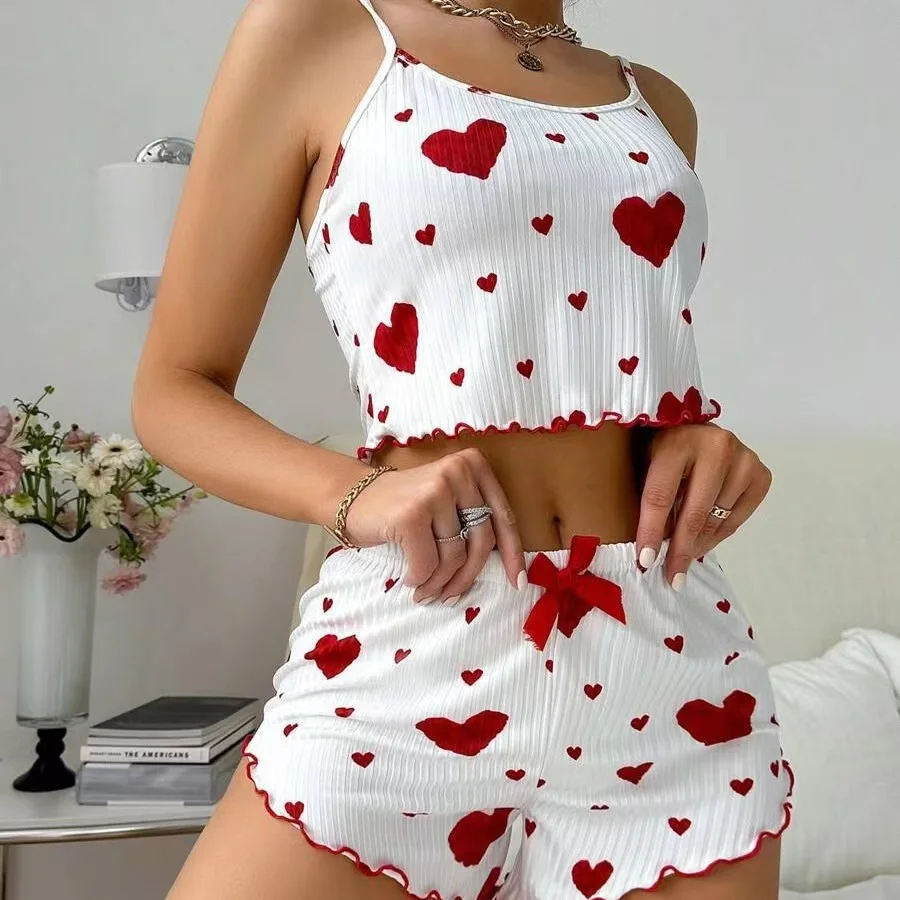 Brownm Summer New 2024 Knitted Pit Strip Love Print Design Sweet Sling Shorts Pure Pyjamas Woman