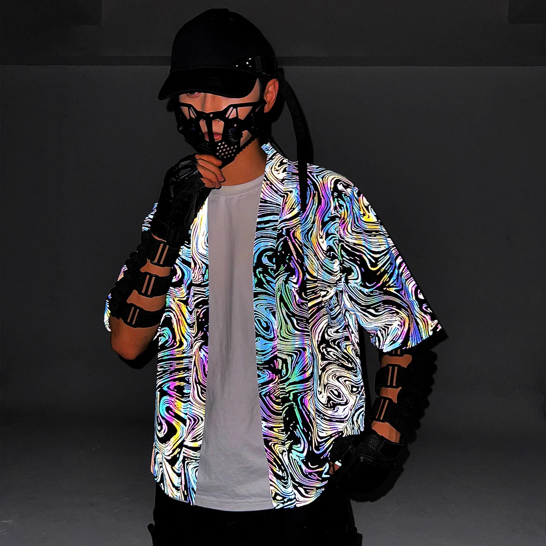 Woherb Dazzling Reflective Cardigan Robe Men And Women Five Minute Sleeve Loose Kimono Coat Retro Knit Jacket Trend-Outfit Ideas