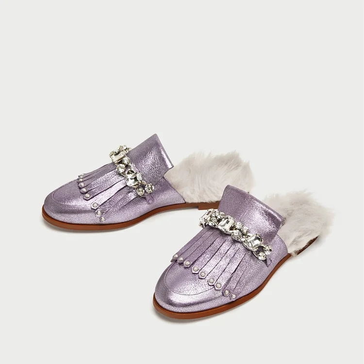 Violet Glitter Flats Fringe Crystal Furry Mule Loafers for Women |FSJ Shoes