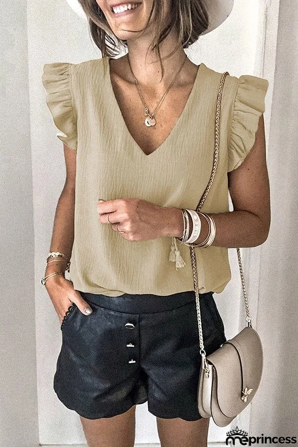 Casual T-shirt Solid V-neck Pullover Ruffle Sleeve Top