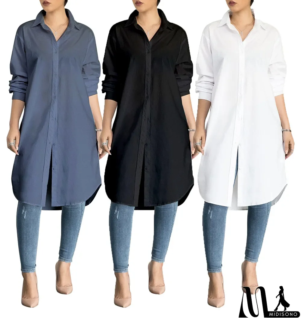 MidiSono - Plus Size Solid Long Sleeve Long Style Shirt Tops