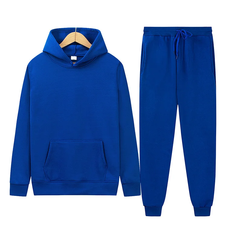 BrosWear Casual Unisex Solid Color Hoodie Pocket Drawstring Pants Tracksuit Set blue