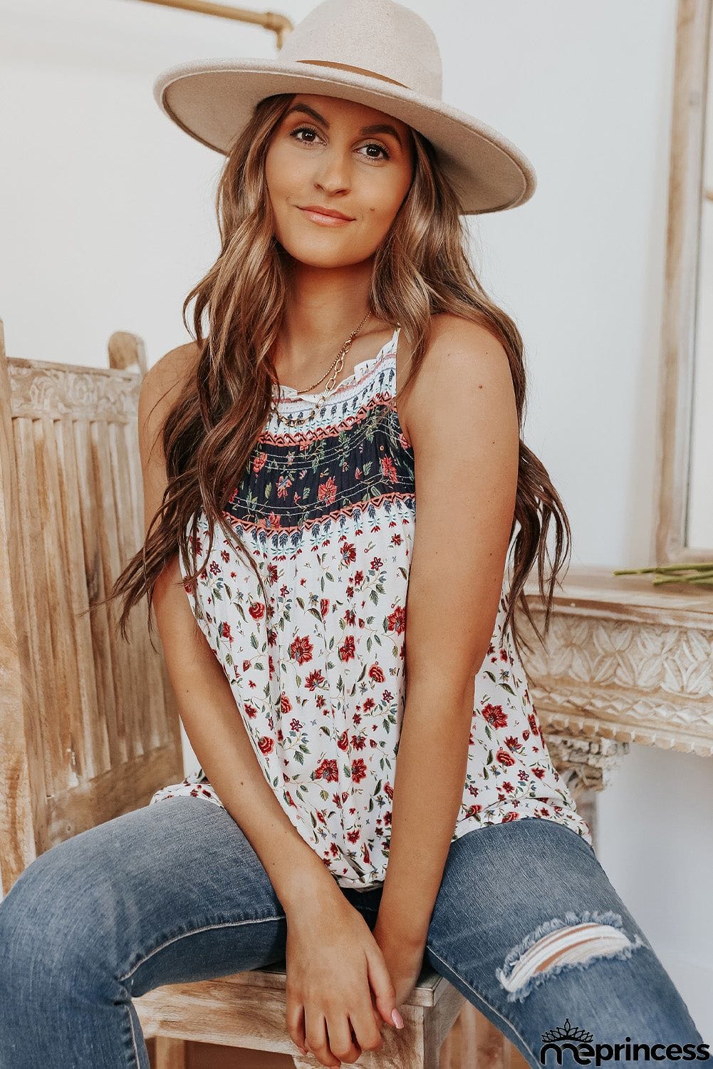 Smocked Frilled Boho Floral Print Halter Tank Top