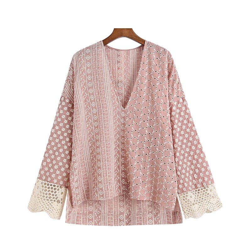 TRAF Women Fashion Hollow Out Embroidery Patchwork Loose Blouses Vintage Long Sleeve Side Vents Female Shirts Chic Tops